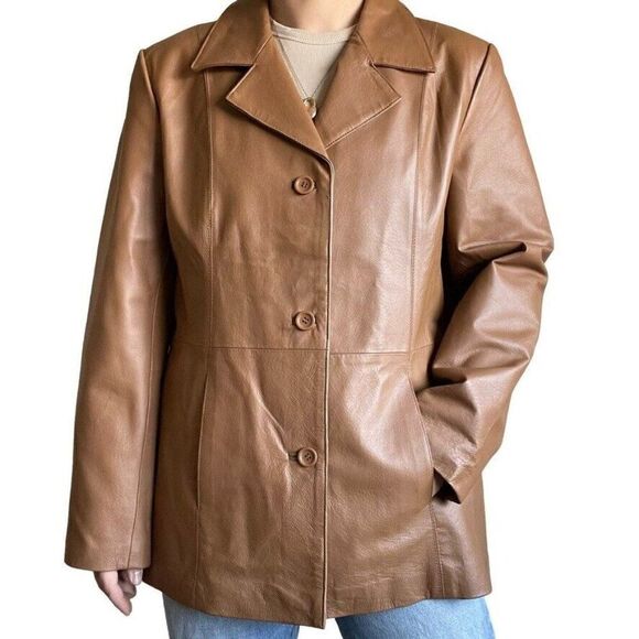 Vintage Y2K Jessica Holbrook Tan Brown Mid Length Leather Jacket Blazer Sz L - Picture 1 of 12